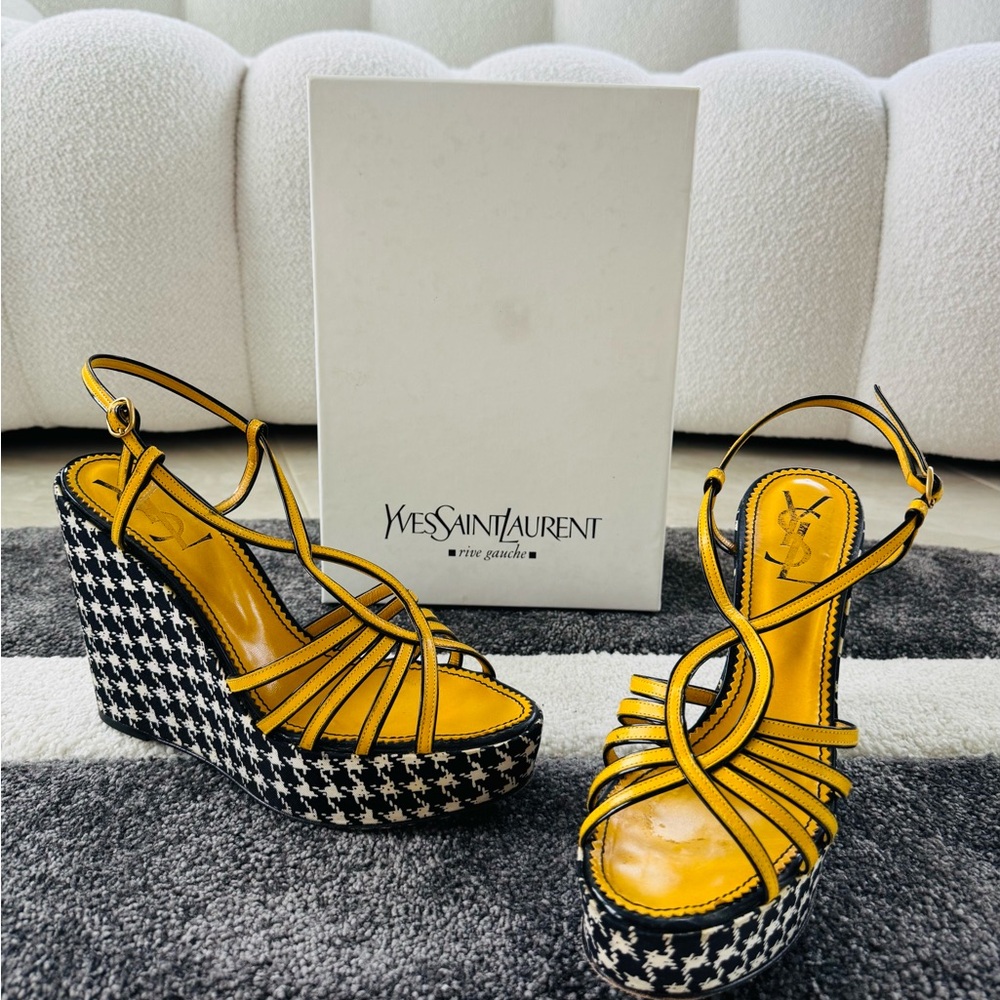 Vintage Yves Saint Laurent Yellow Women's houndstooth Wedge Sandals